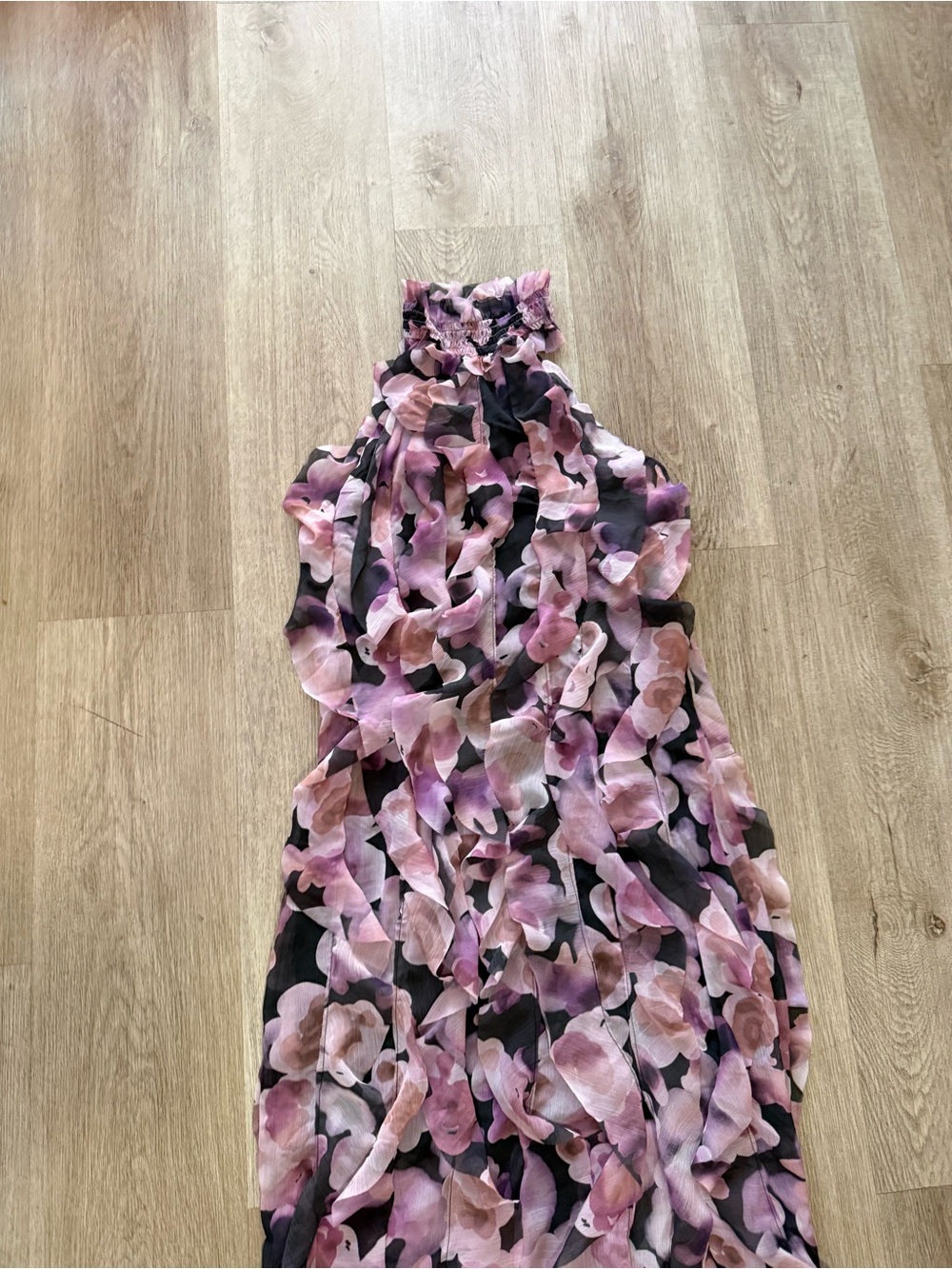 elliatt solene purple & black floral print halter tiered maxi gown dress medium - Picture 9 of 13